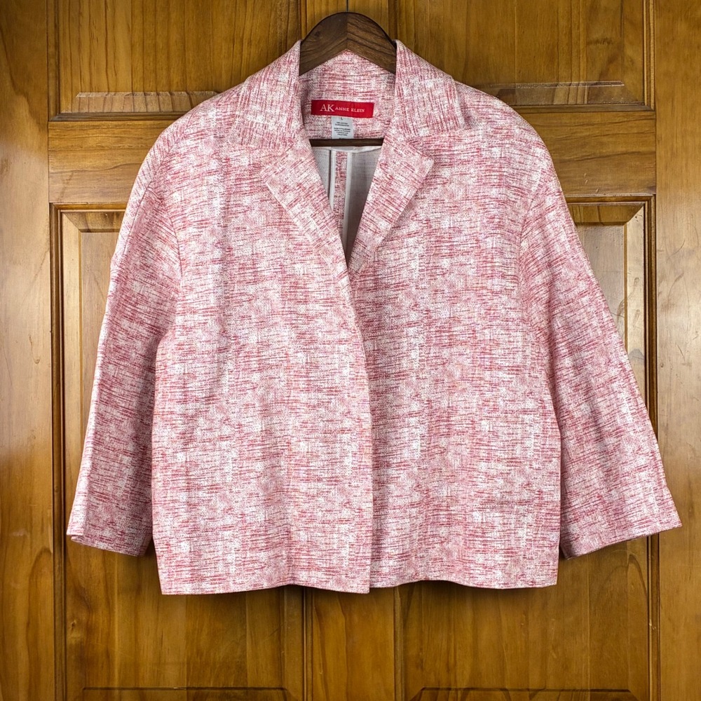 Anne Klein AK Pink White Textured 100% Cotton Open Front Blazer Jacket Size L